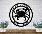 Black custom crab lounge metal wall sign with established year coastal beach house decor mounted on white brick wall