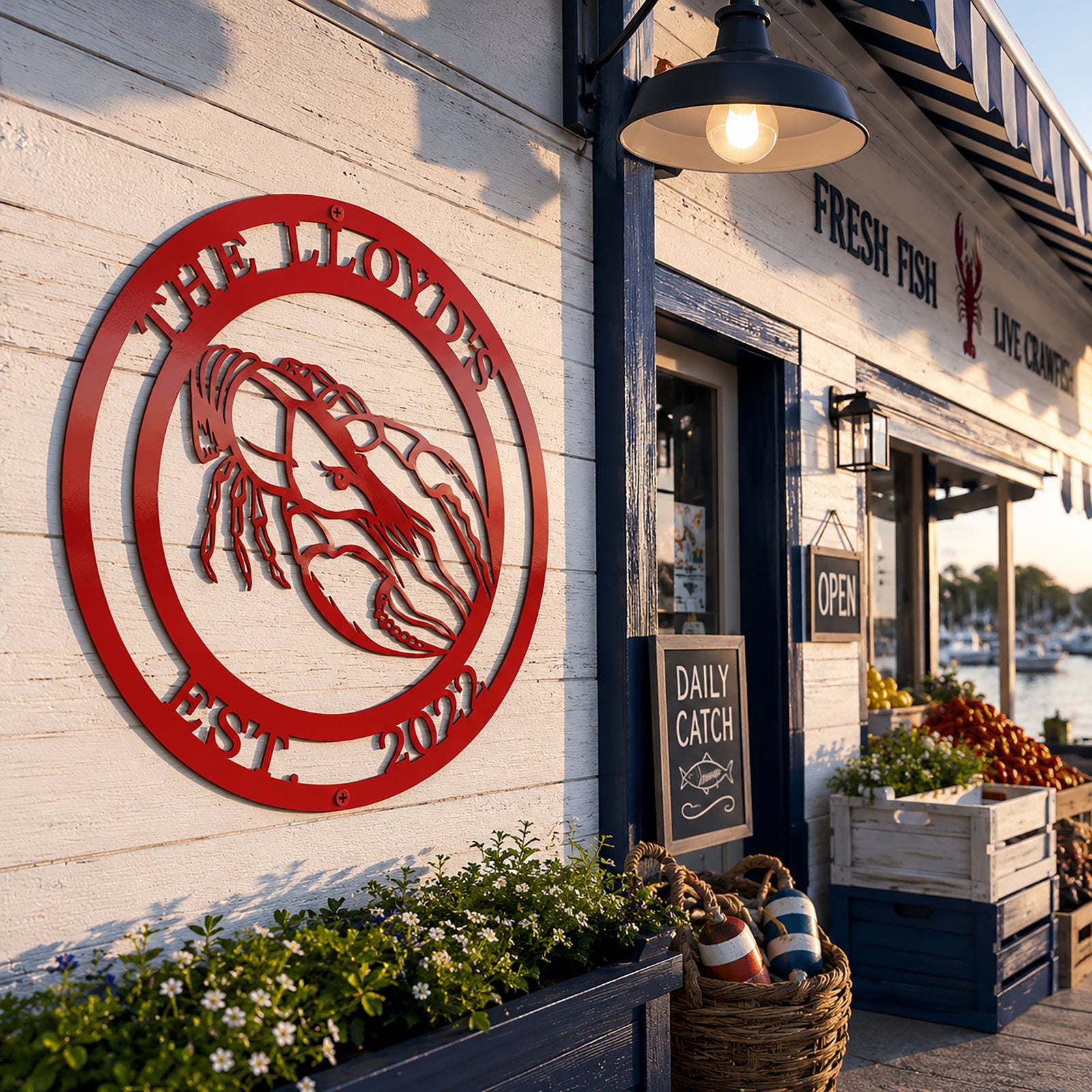 Candy apple red crawfish metal sign with The Lloyds and Est 2022 mounted on seafood shop exterior