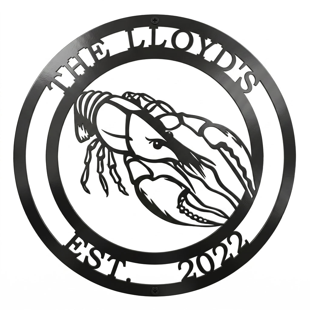 round crawfish metal sign with The Lloyds and Est 2022 on white background