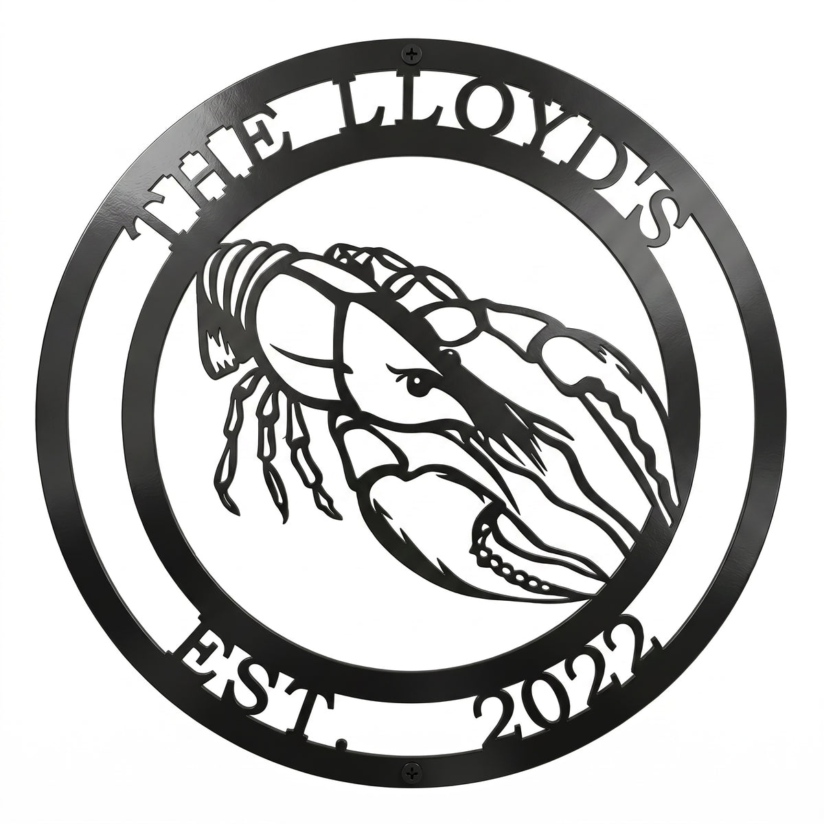 round crawfish metal sign with The Lloyds and Est 2022 on white background