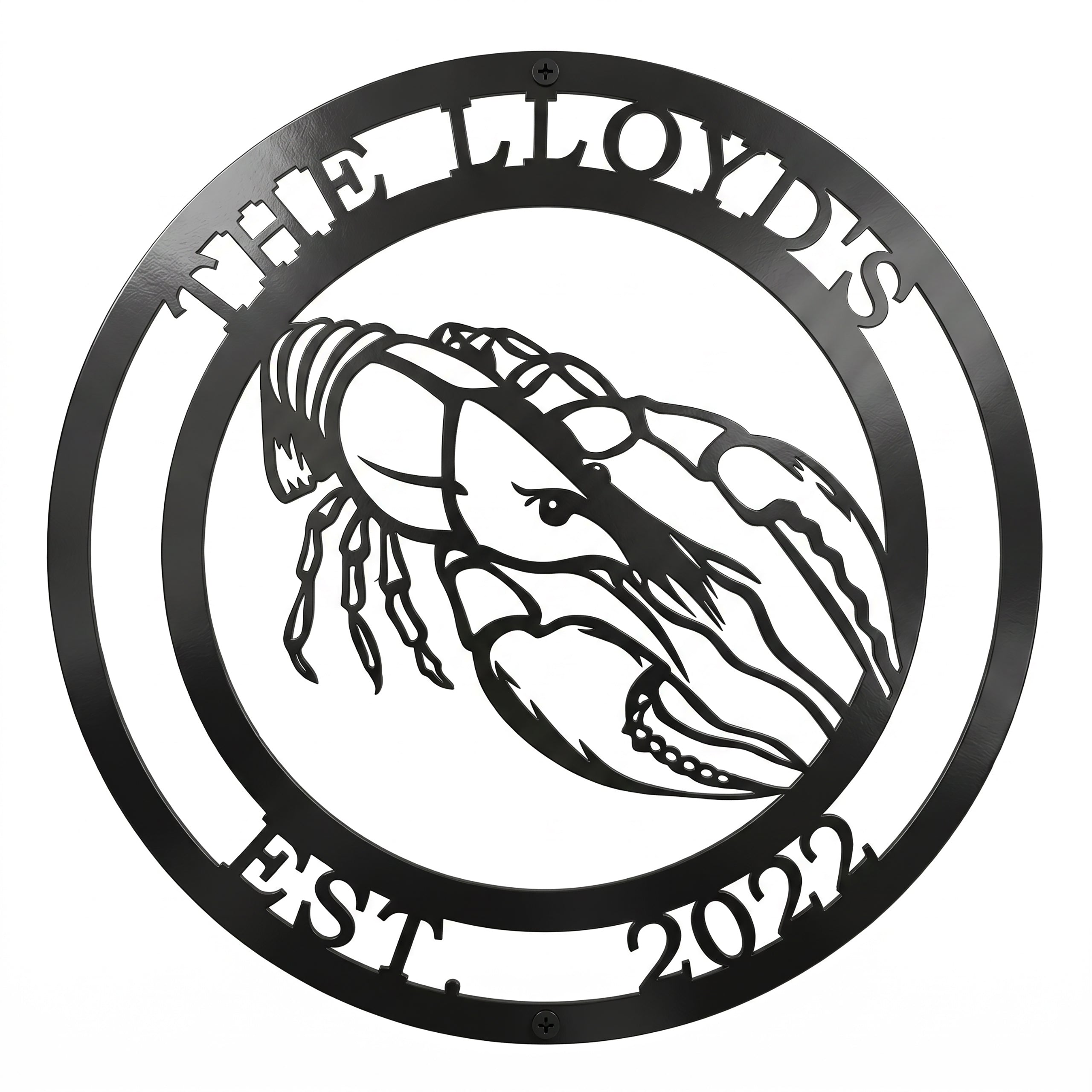 round crawfish metal sign with The Lloyds and Est 2022 on white background