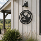 Custom deer buck metal wall sign with farm name and established date mounted on modern farmhouse exterior wall