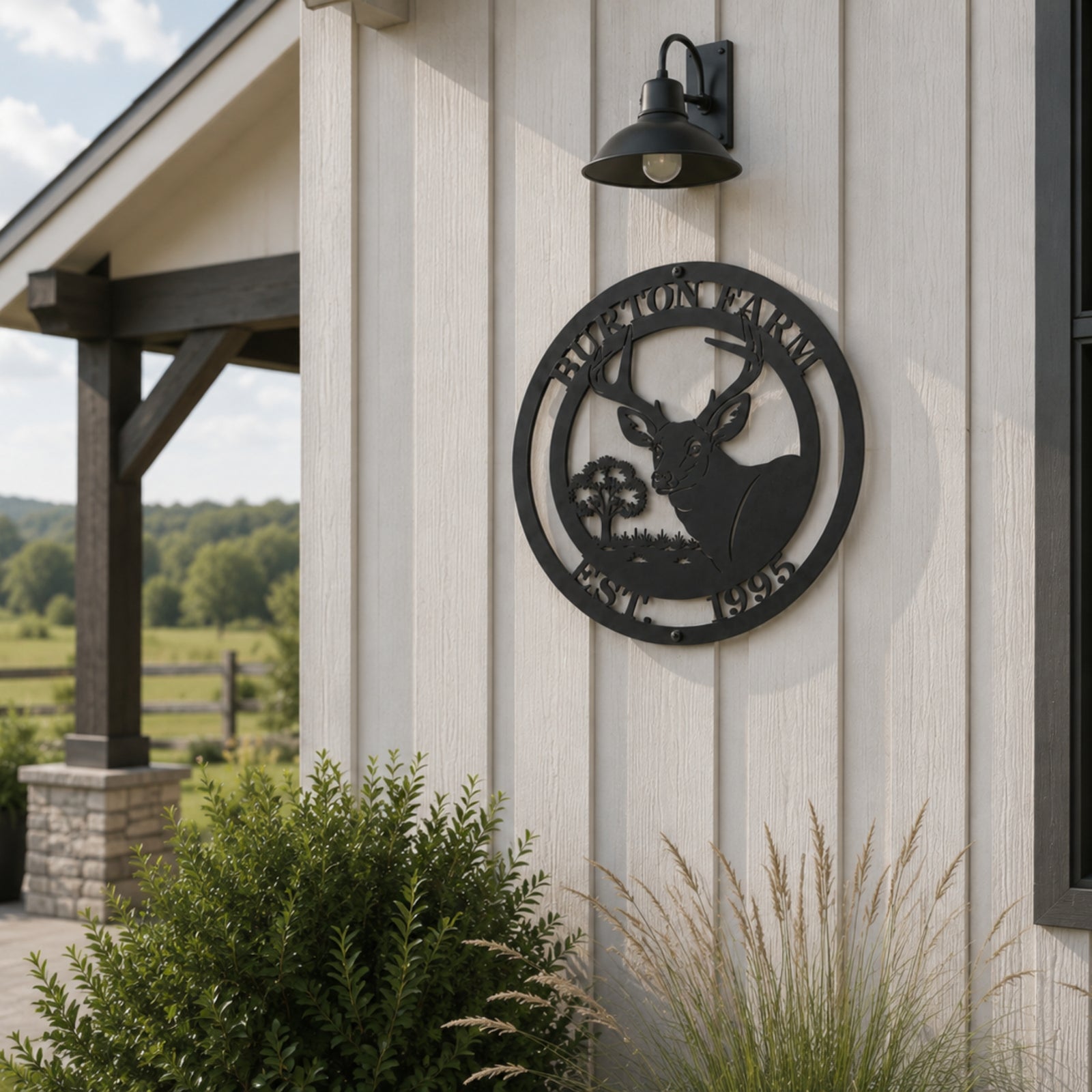 Custom deer buck metal wall sign with farm name and established date mounted on modern farmhouse exterior wall