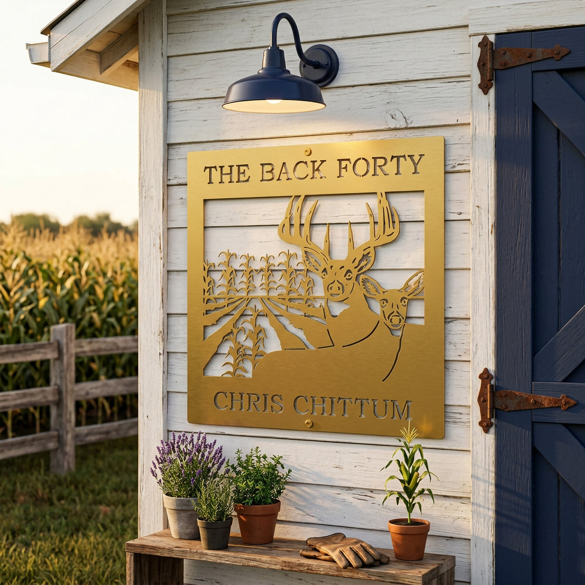 Metallic gold custom deer farm metal sign with buck and doe artwork displayed beside rustic barn door