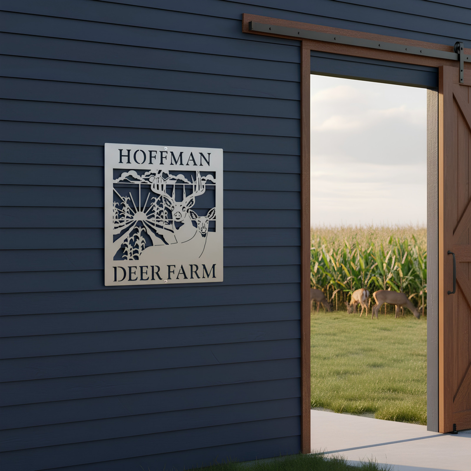 White custom metal deer farm sign reading “HOFFMAN DEER FARM” mounted on blue barn siding beside a sliding barn door with a cornfield and grazing deer in the background.