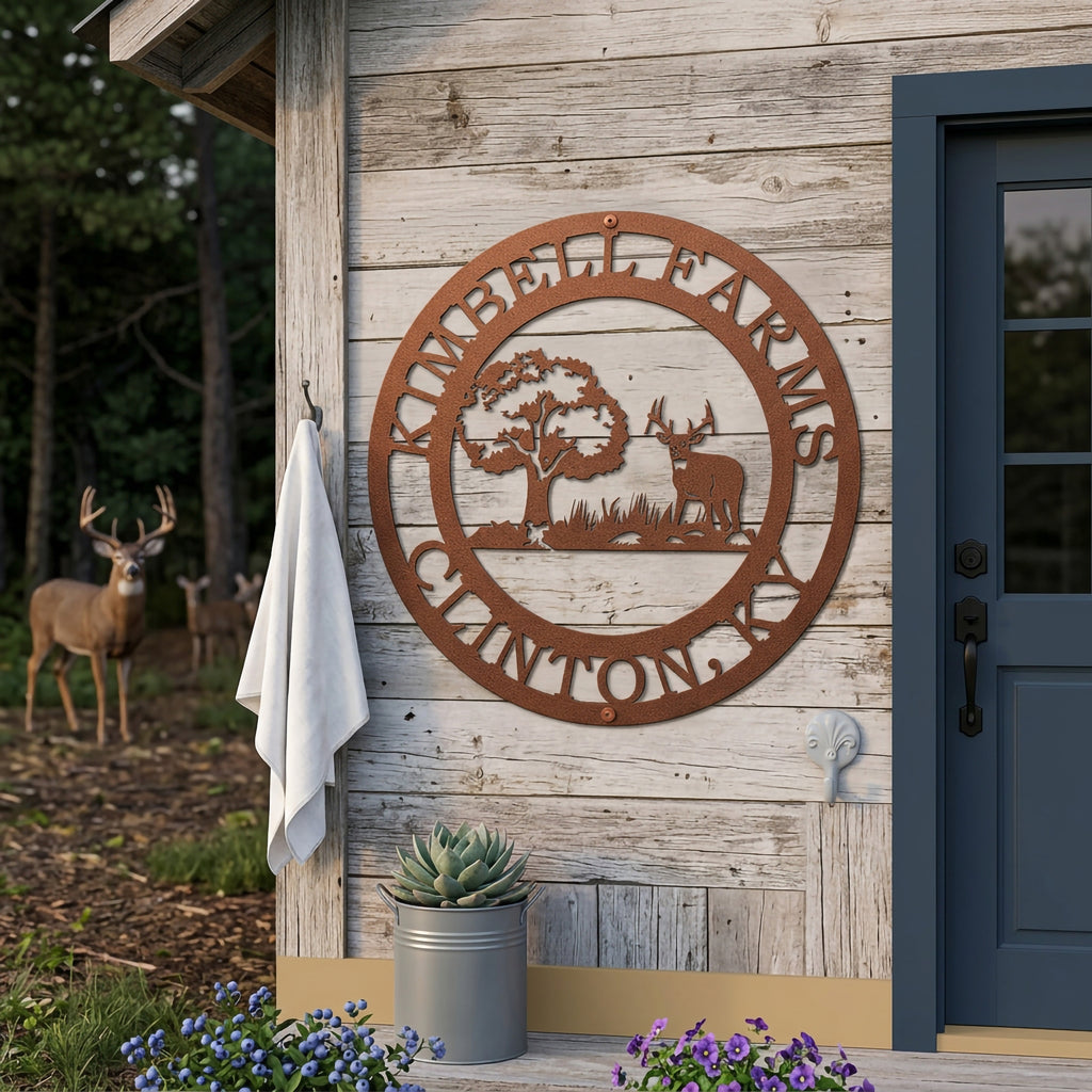 Textured rust custom deer farm metal sign displayed on outdoor wood wall near farmhouse entryway
