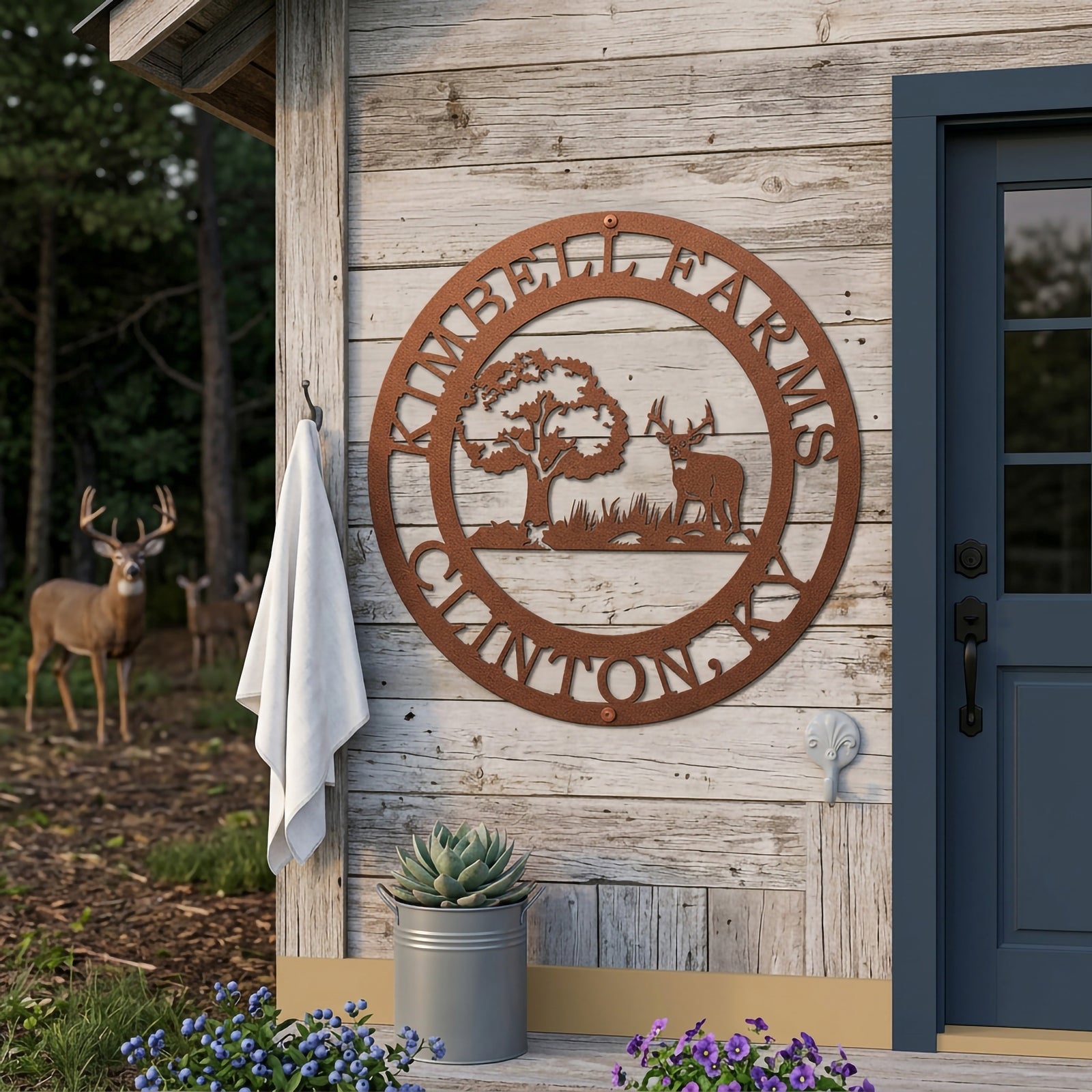 Textured rust custom deer farm metal sign displayed on outdoor wood wall near farmhouse entryway