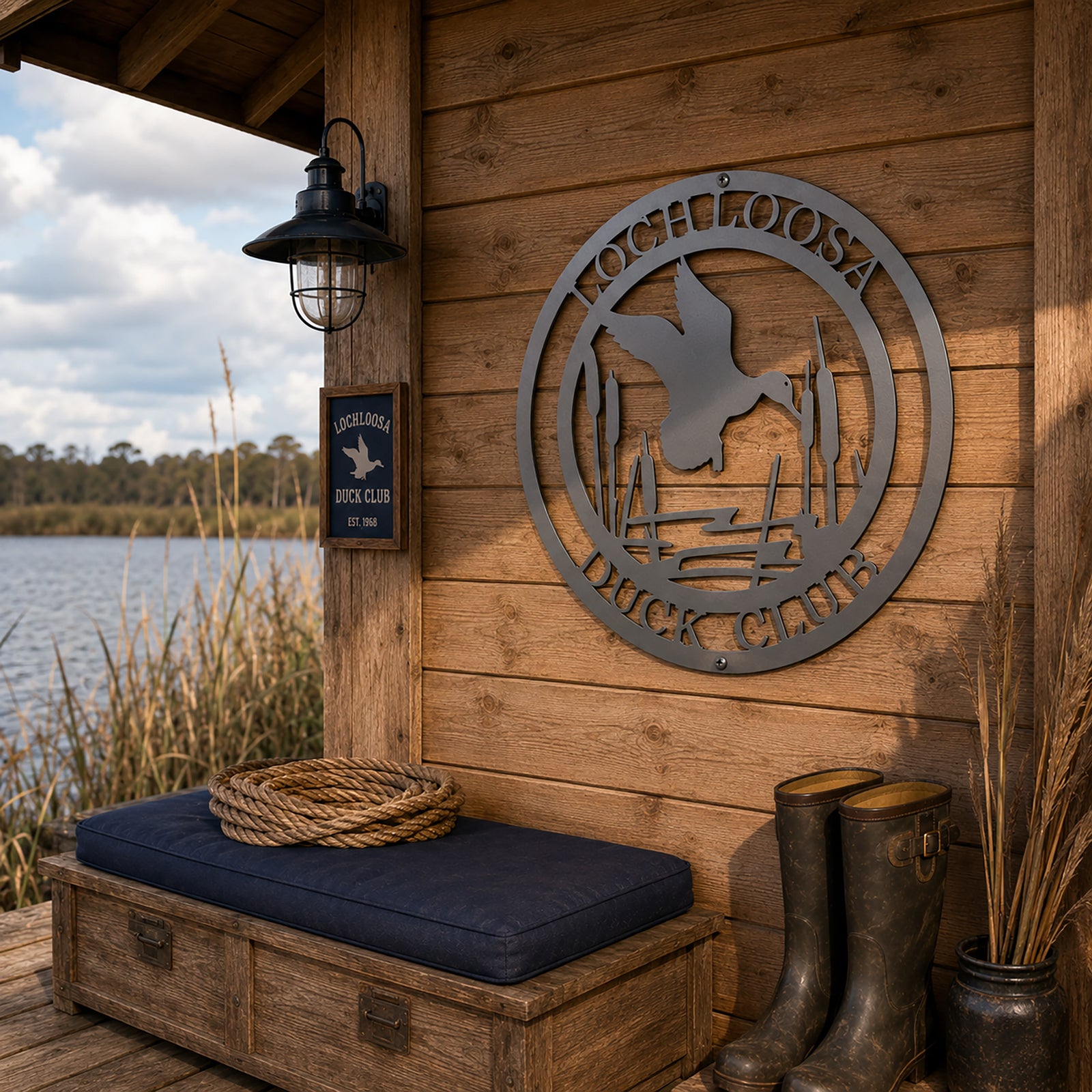 Cosmic grey duck club metal sign with flying duck cattails and marsh design on cabin wall
