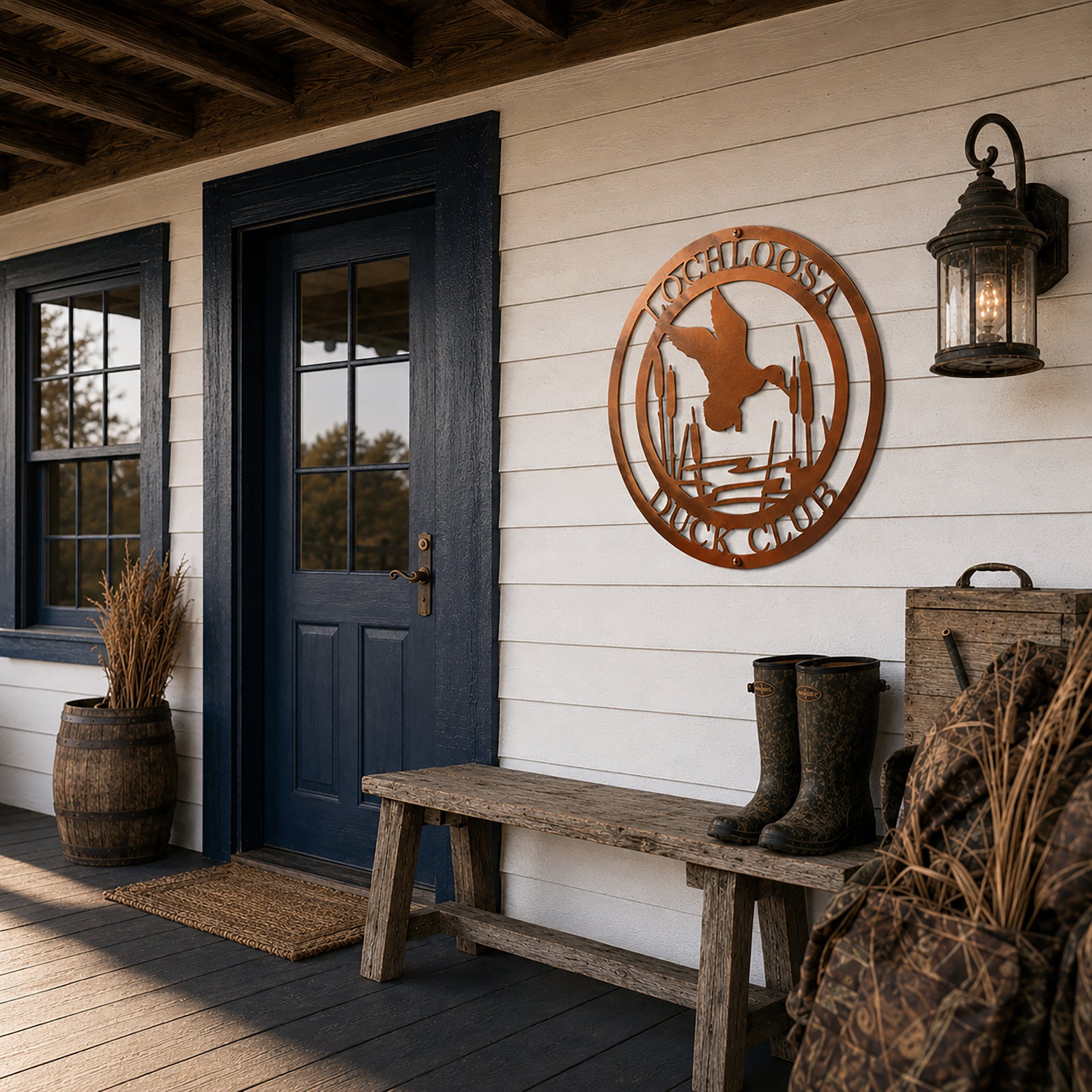 Rose gold duck club metal sign with flying duck and cattails on farmhouse porch wall