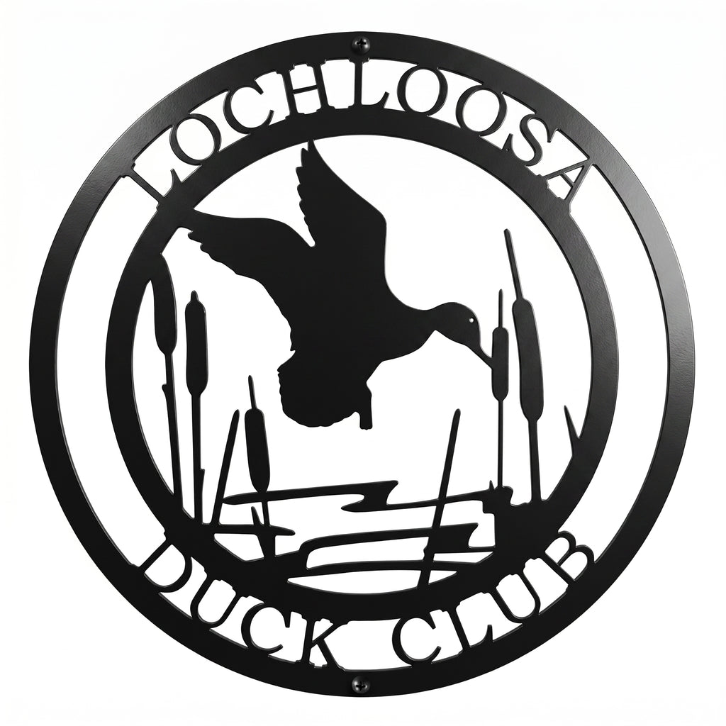 Personalized duck club metal sign with flying duck cattails and marsh scene on white background