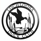 Personalized duck club metal sign with flying duck cattails and marsh scene on white background