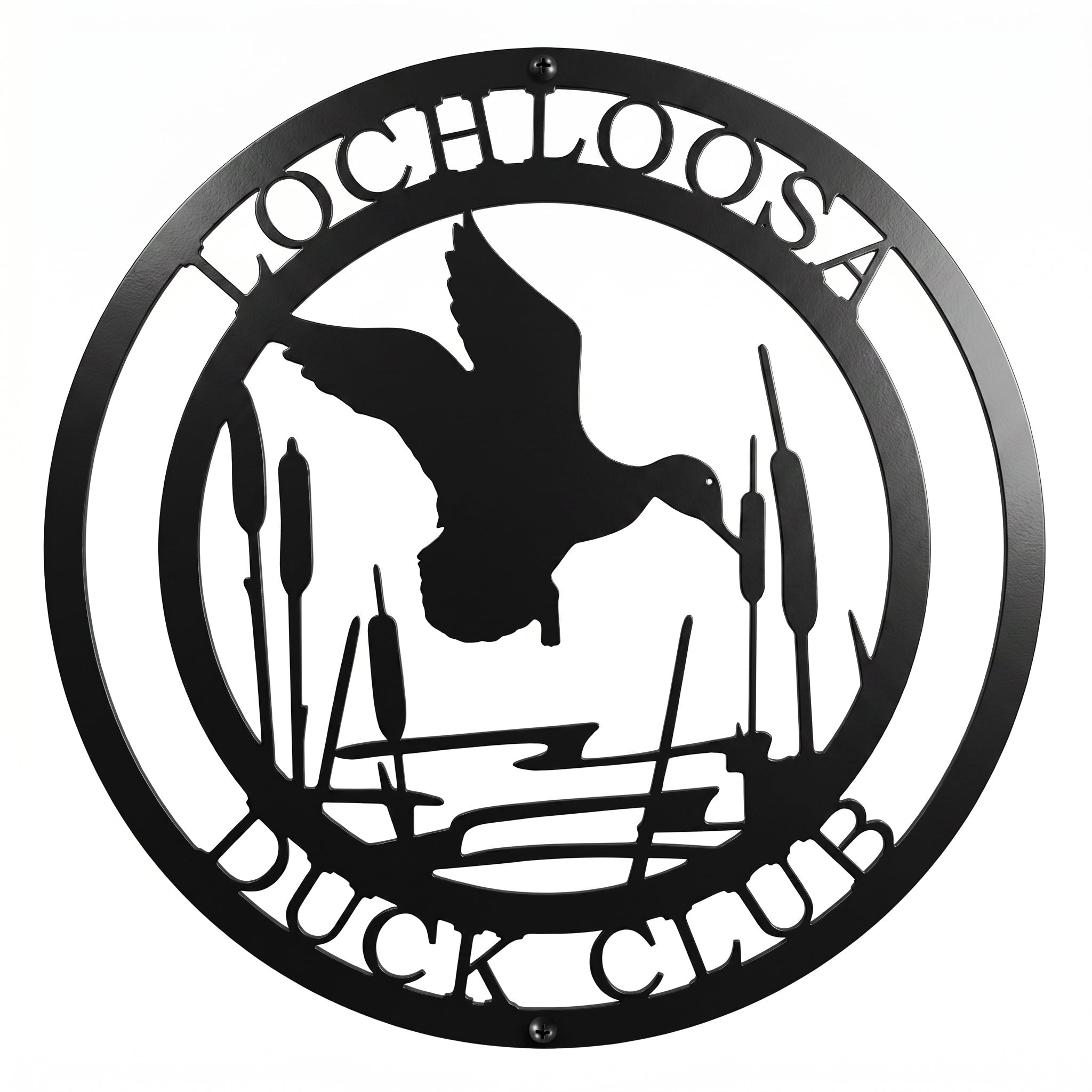 Personalized duck club metal sign with flying duck cattails and marsh scene on white background