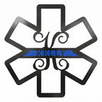 Black and blue personalized EMS Star of Life metal sign with custom name on white background