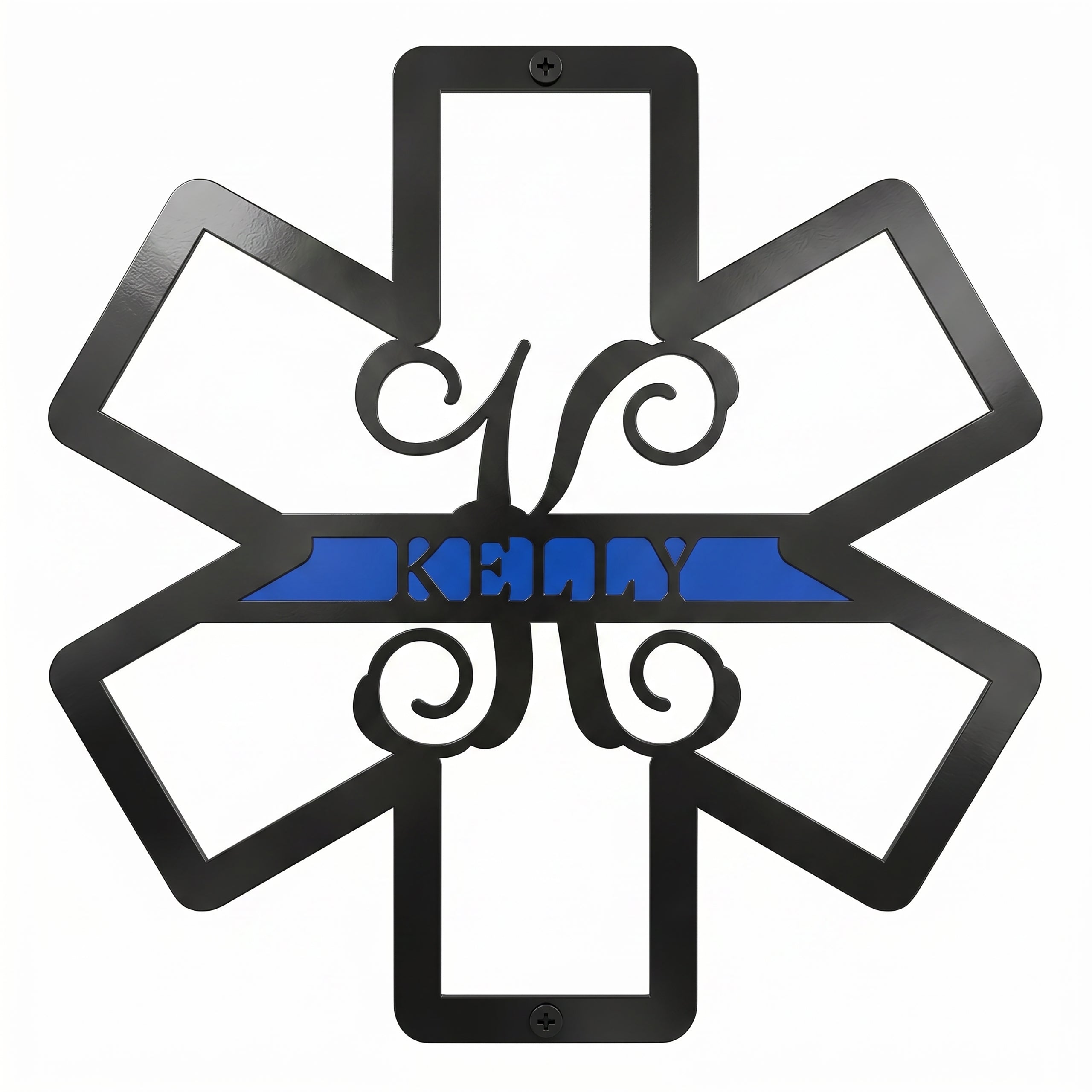 Black and blue personalized EMS Star of Life metal sign with custom name on white background