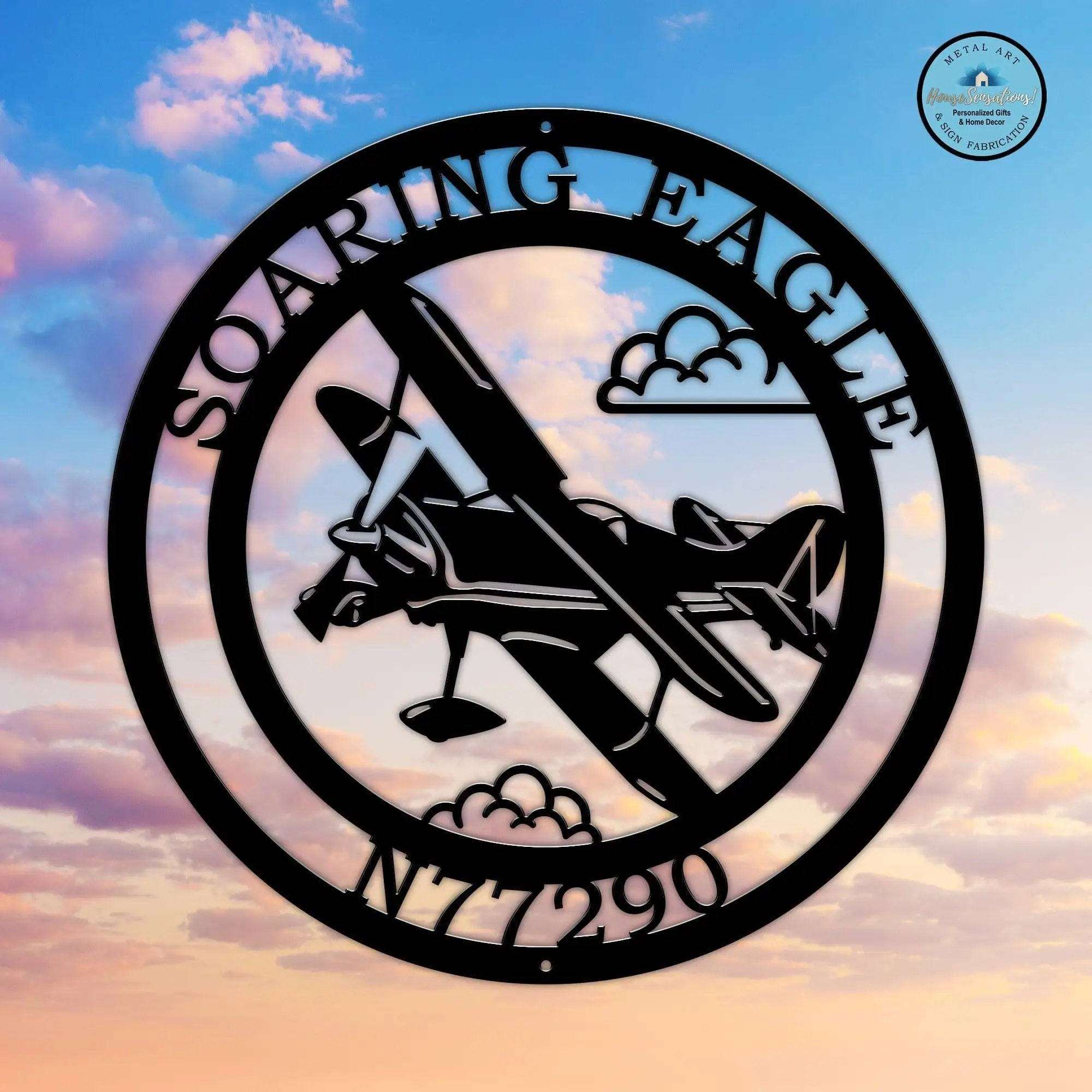 Custom round aviation metal sign featuring airplane silhouette clouds and personalized eagle hangar name with aircraft registration number against colorful sky background