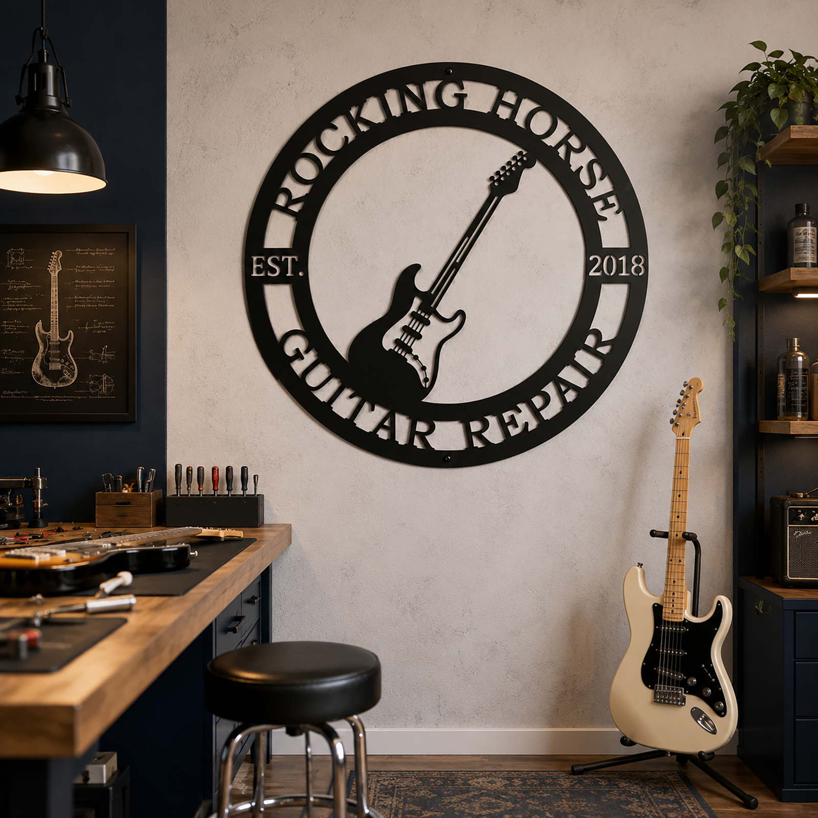 Large matte black custom guitar repair metal wall sign mounted in a professional luthier workshop above a workbench with guitar tech tools.
