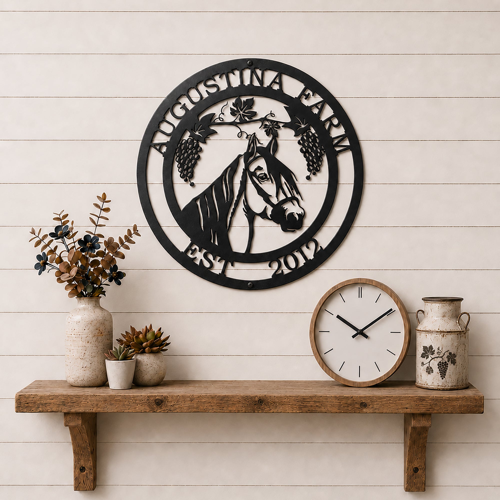 Custom horse farm metal wall décor displayed above wooden shelf with farmhouse clock and rustic home accents