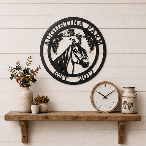 Custom horse farm metal wall décor displayed above wooden shelf with farmhouse clock and rustic home accents