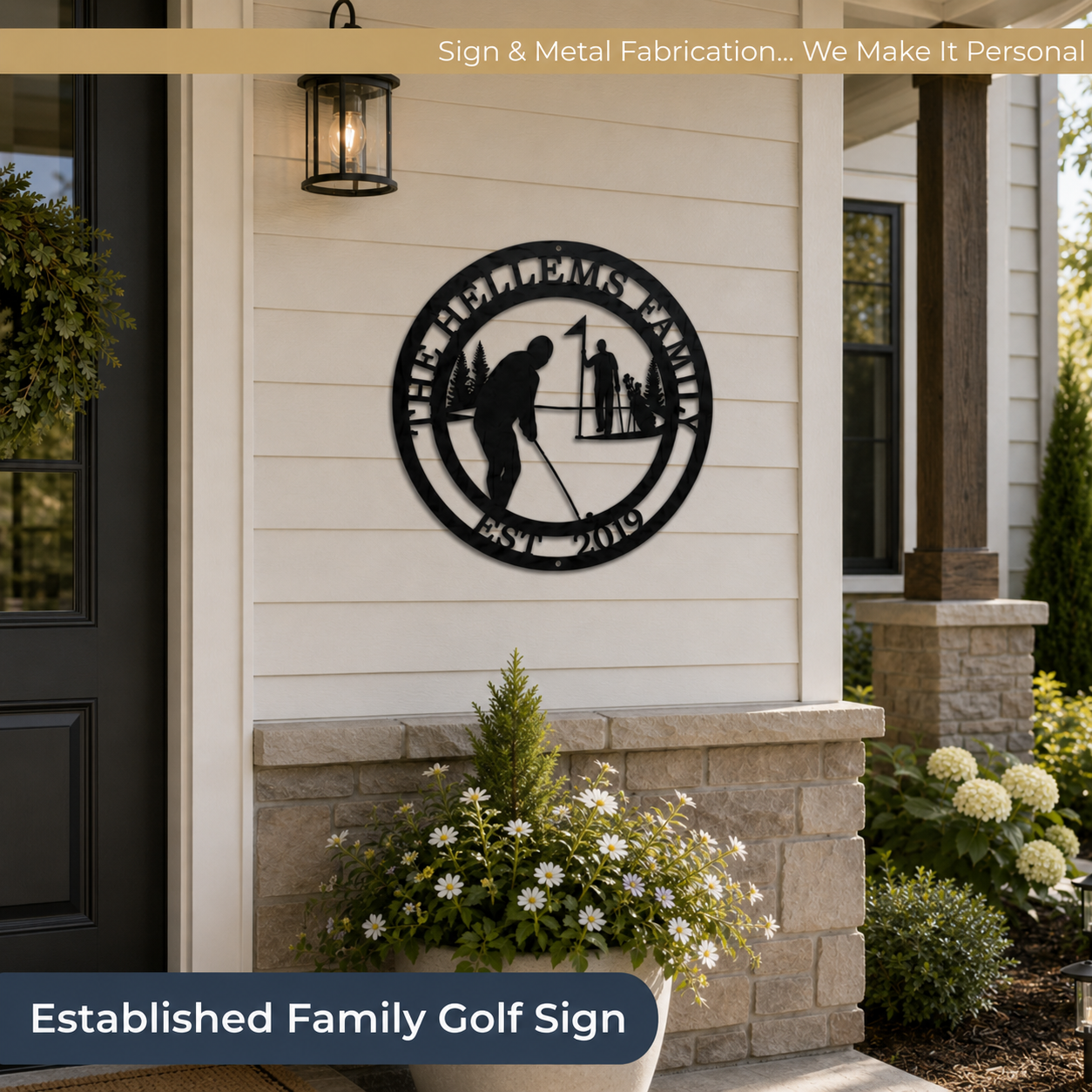 Custom family golf metal wall sign with established year displayed on modern farmhouse front porch exterior décor
