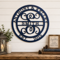 Large personalized monogram metal sign with family names and EST 2015 displayed on white shiplap wall with rustic décor