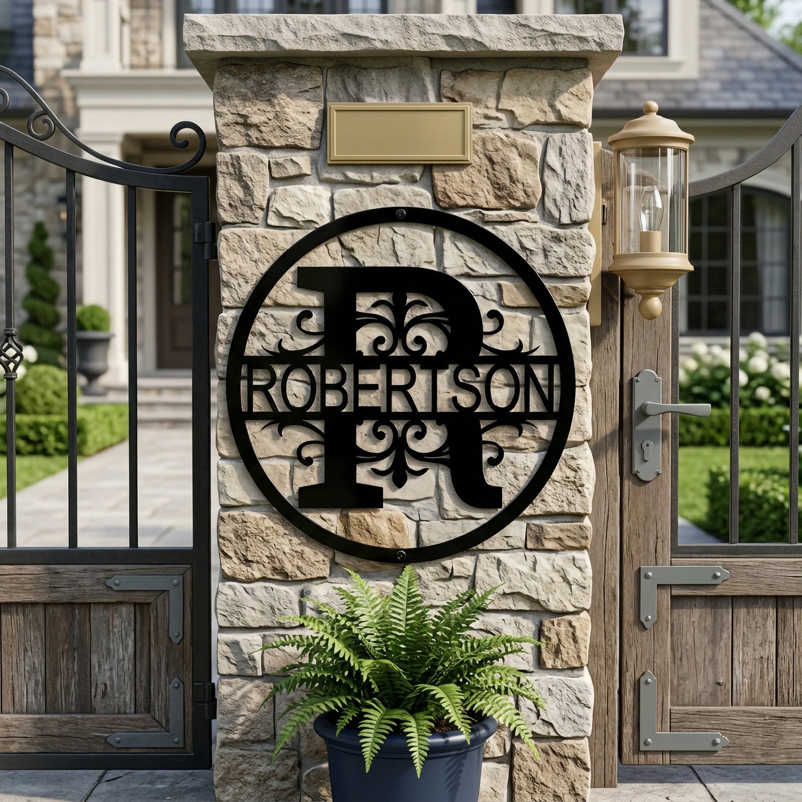 Gloss black customized round metal split monogram sign featuring the surname Robertson, displayed on a textured stone block entryway pillar next to a decorative black iron gate.