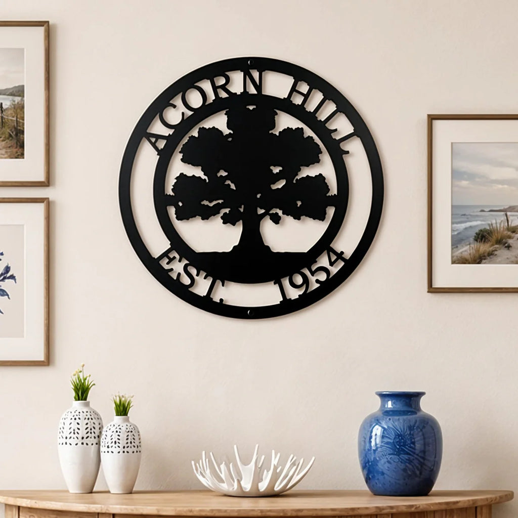 Personalized Oak Tree Metal Wall Decor – Custom Family Name & Established Date Sign