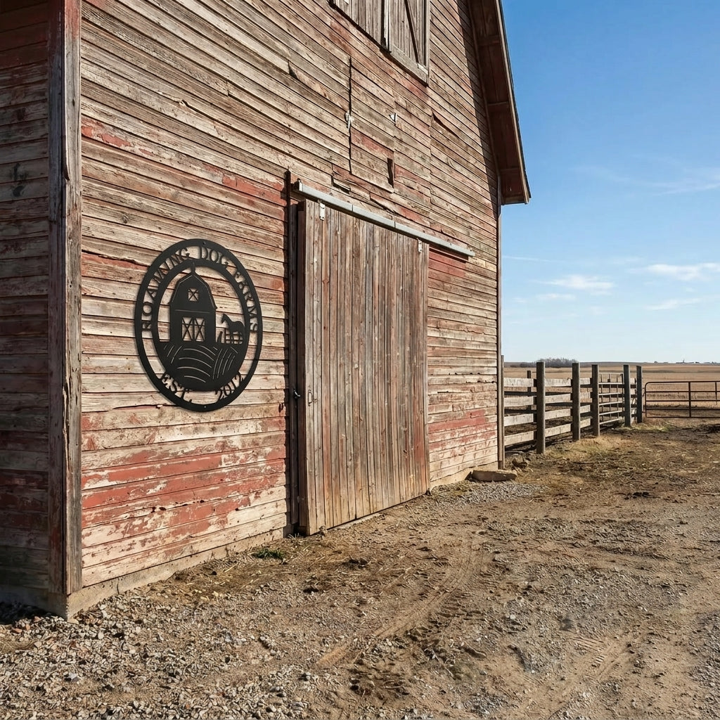 Black personalized farm barn metal wall sign mounted on rustic wooden barn exterior featuring countryside landscape and custom family name decor