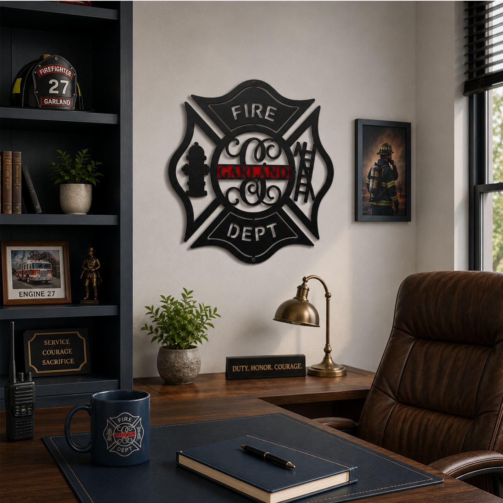 Black firefighter maltese cross metal wall decor with Garland name mounted above office desk and firefighter memorabilia