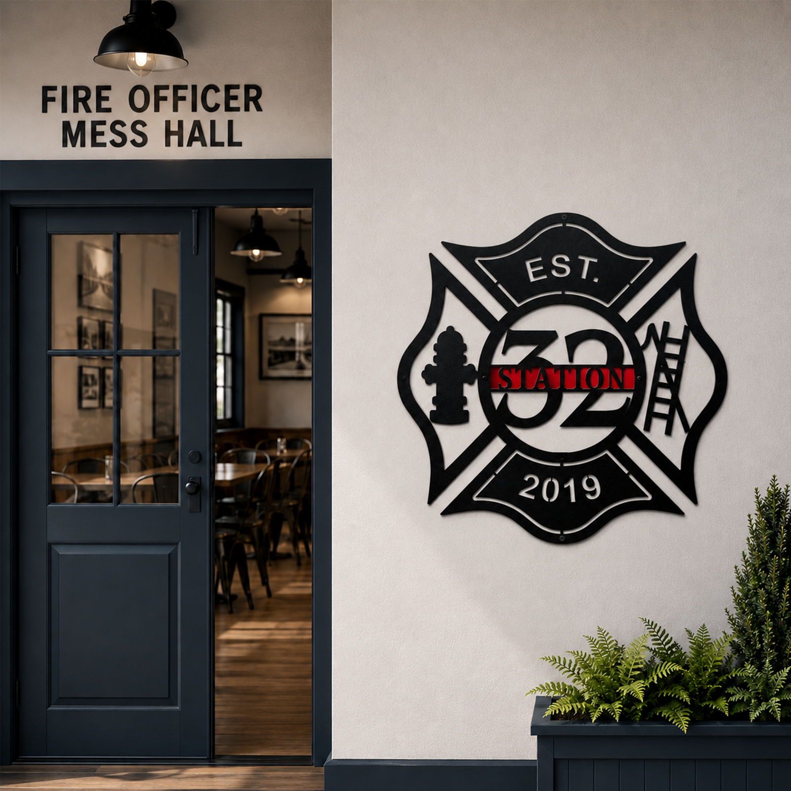 Custom Station 32 firefighter metal wall sign displayed near fire officer mess hall entrance with modern firehouse interior backdrop