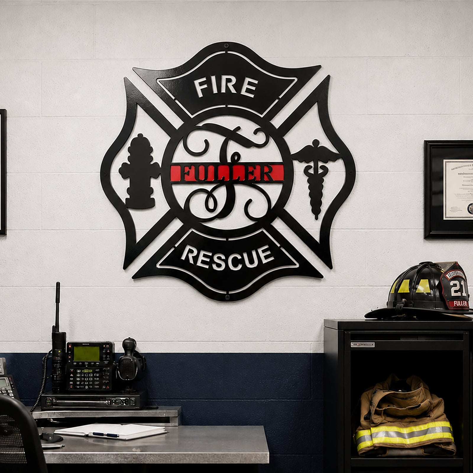 Large black firefighter Maltese cross metal sign with Fuller name mounted inside fire department office and equipment room