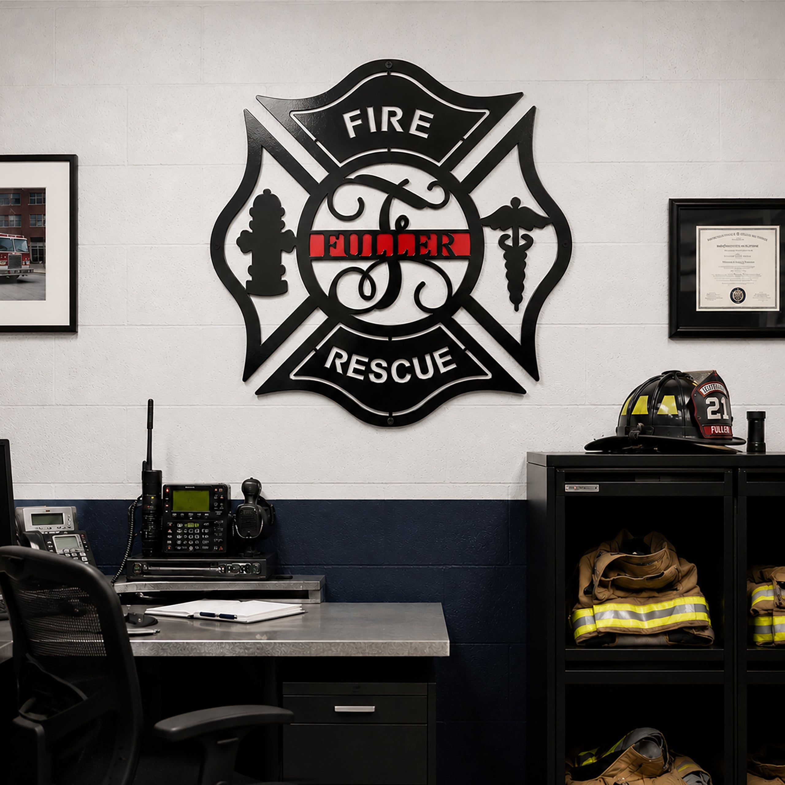 Large black firefighter Maltese cross metal sign with Fuller name mounted inside fire department office and equipment room