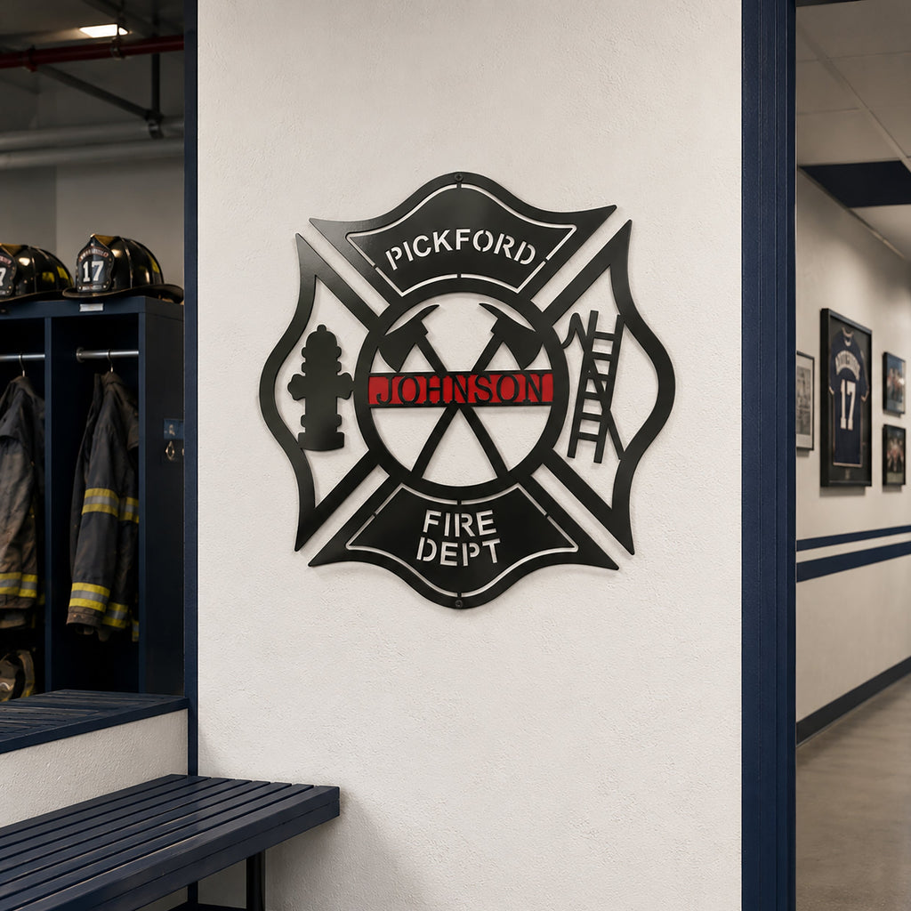 Custom firefighter maltese cross metal sign mounted on hallway wall inside professional fire department station interior