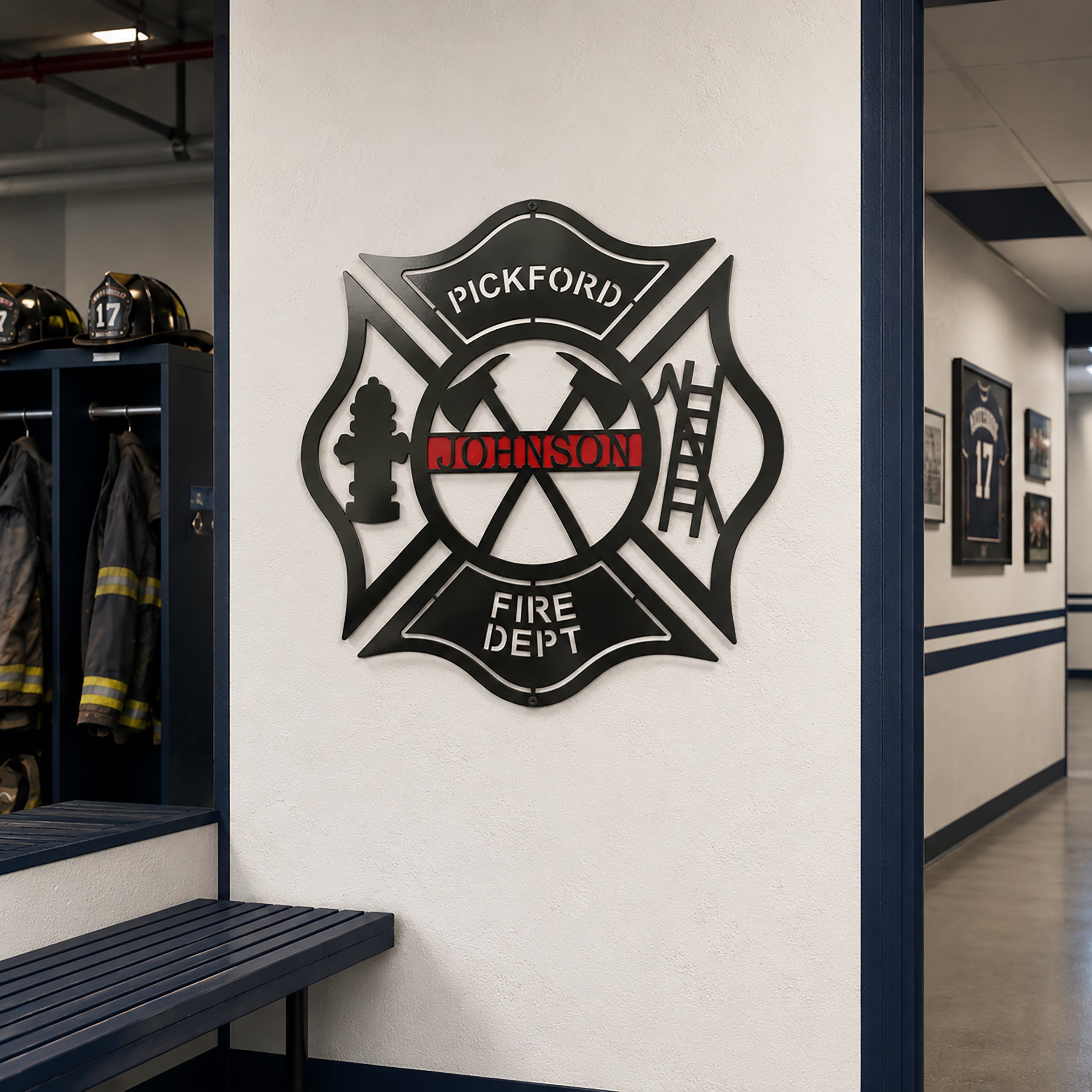 Custom firefighter maltese cross metal sign mounted on hallway wall inside professional fire department station interior