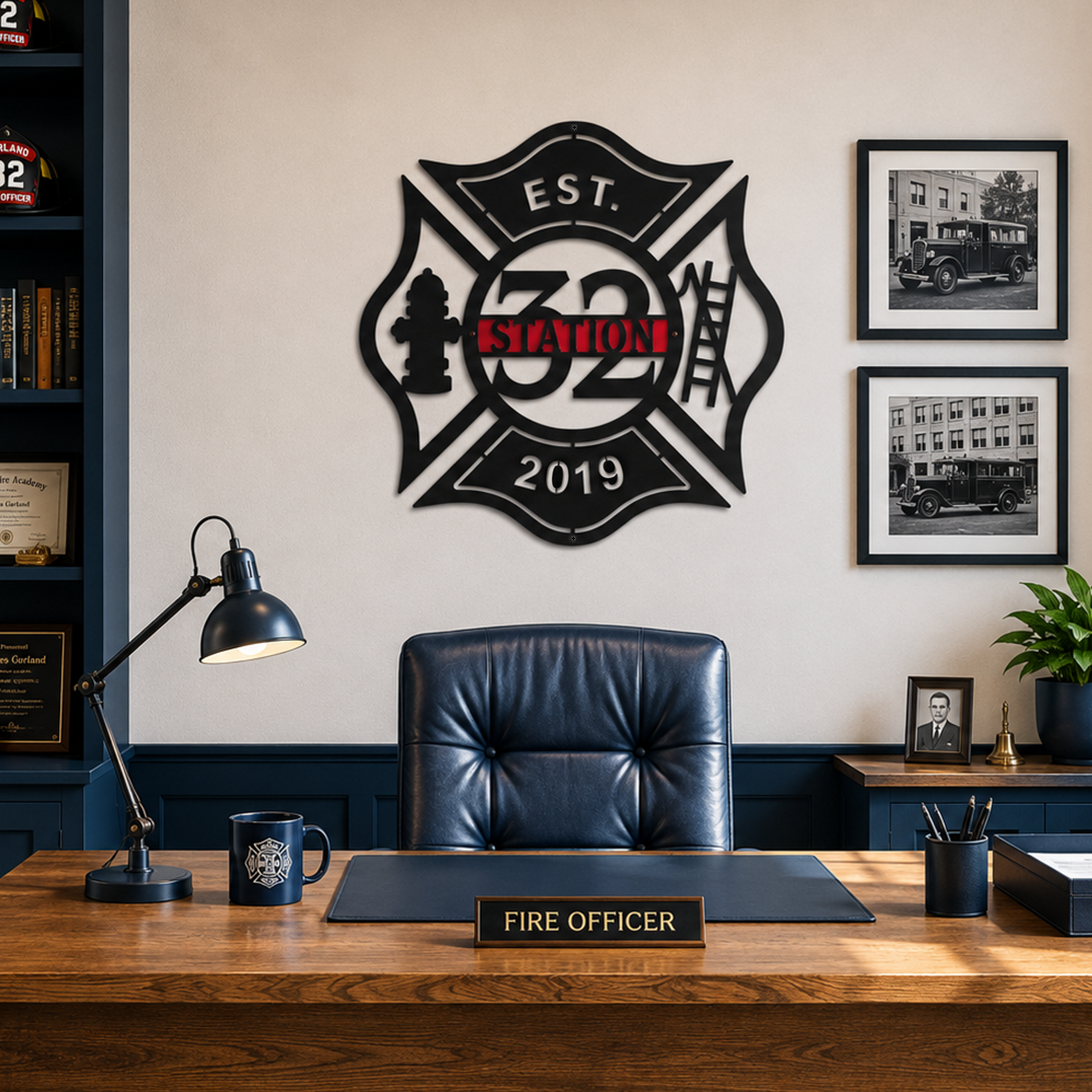 Black firefighter station wall sign with Station 32 and established 2019 displayed inside professional fire officer office