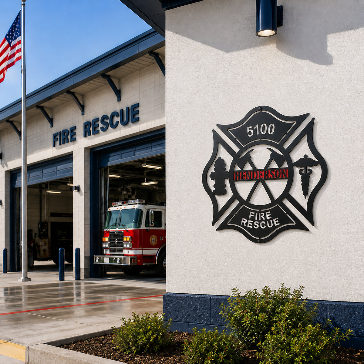 Personalized firefighter Maltese Cross metal sign displayed outside fire rescue station with flag and fire engine nearby