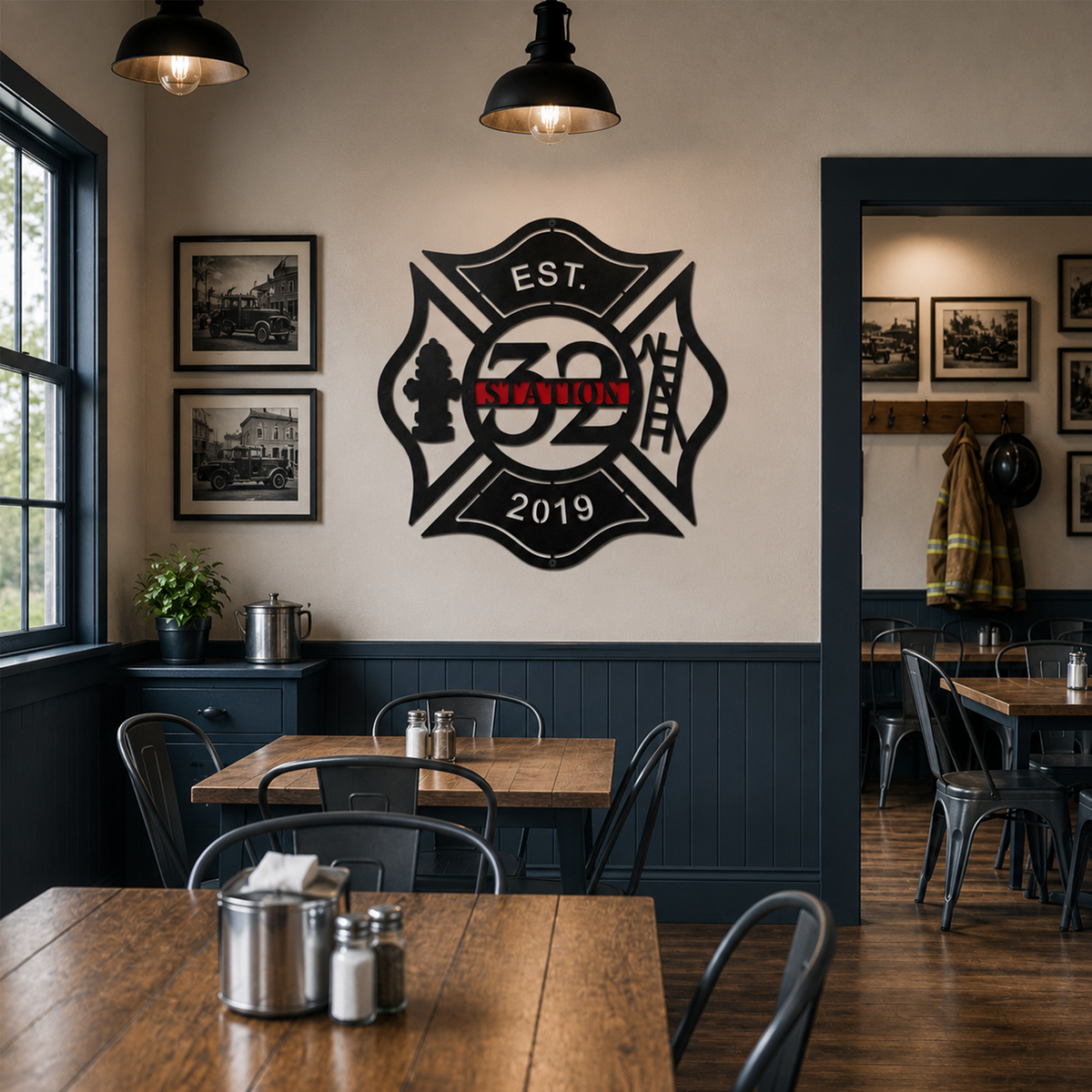 Custom fire station metal wall sign with Station 32 and established 2019 displayed in modern firefighter dining hall interior