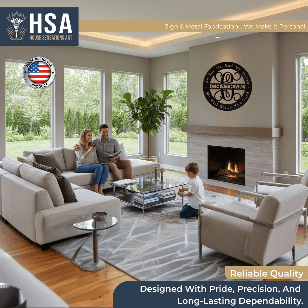 Living room scene with family, fireplace, and large windows, showcasing personalized Christian metal wall décor with family name and biblical quote, featuring HSA House Sensations Art branding, perfect for indoor home décor and faith-inspired wall art.