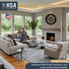 Living room scene with family, fireplace, and large windows, showcasing personalized Christian metal wall décor with family name and biblical quote, featuring HSA House Sensations Art branding, perfect for indoor home décor and faith-inspired wall art.