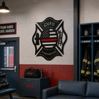 Custom firefighter American flag metal wall decor mounted inside fire station gym and locker room with firefighter gear