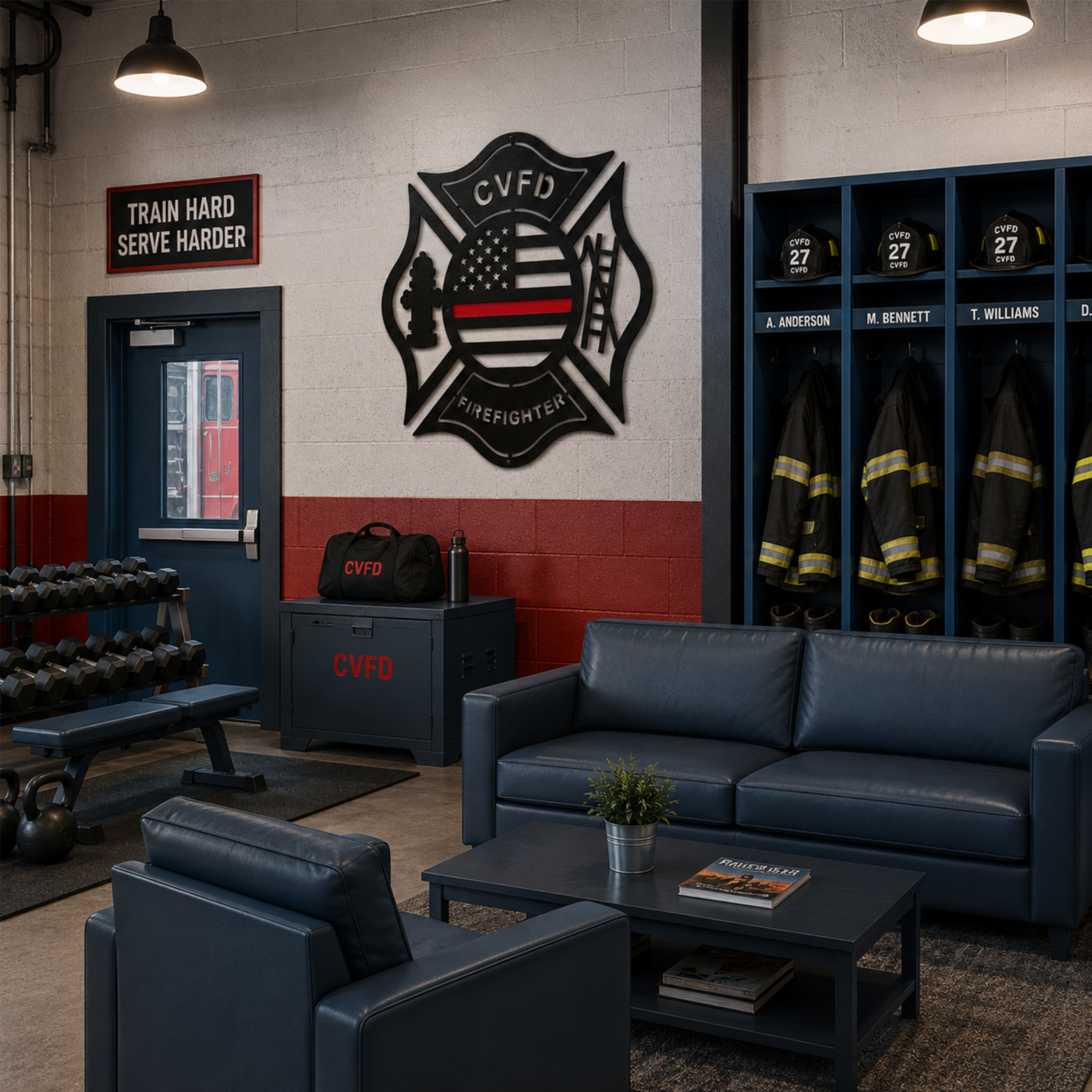 Custom firefighter American flag metal wall decor mounted inside fire station gym and locker room with firefighter gear