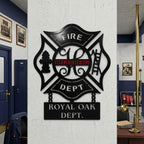 Custom fire department badge style metal wall art displayed inside firefighter office and station hallway