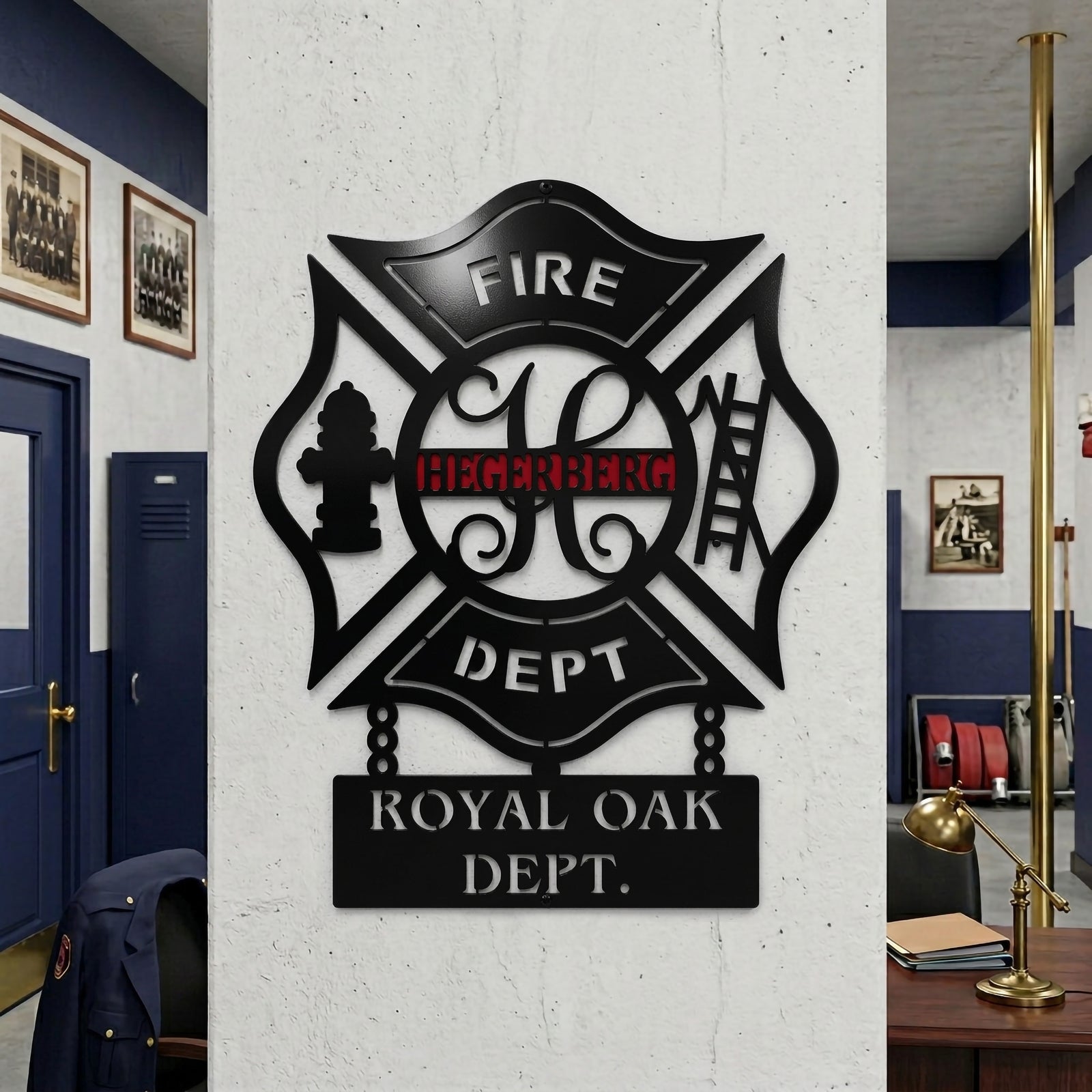 Custom fire department badge style metal wall art displayed inside firefighter office and station hallway