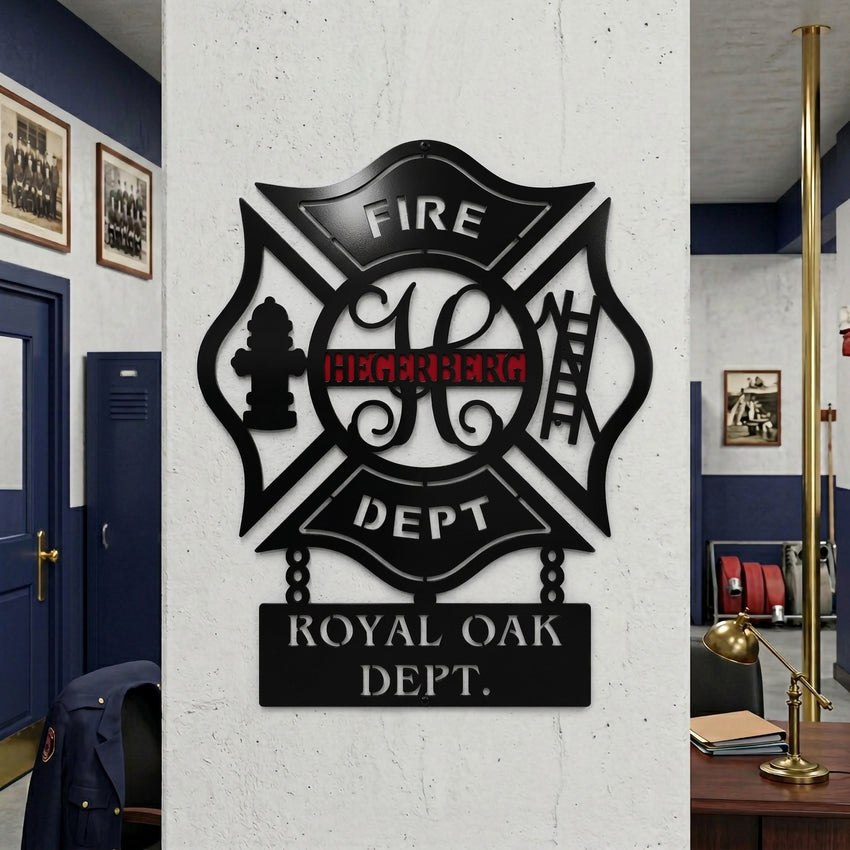 Custom fire department badge style metal wall art displayed inside firefighter office and station hallway