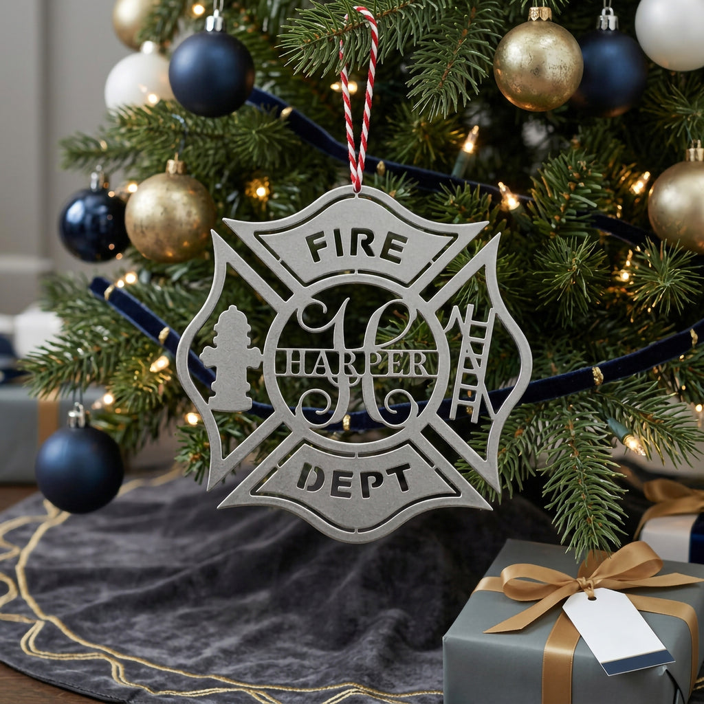 Silver firefighter maltese cross ornament with custom Harper name displayed on Christmas tree with navy ribbon and wrapped presents underneath