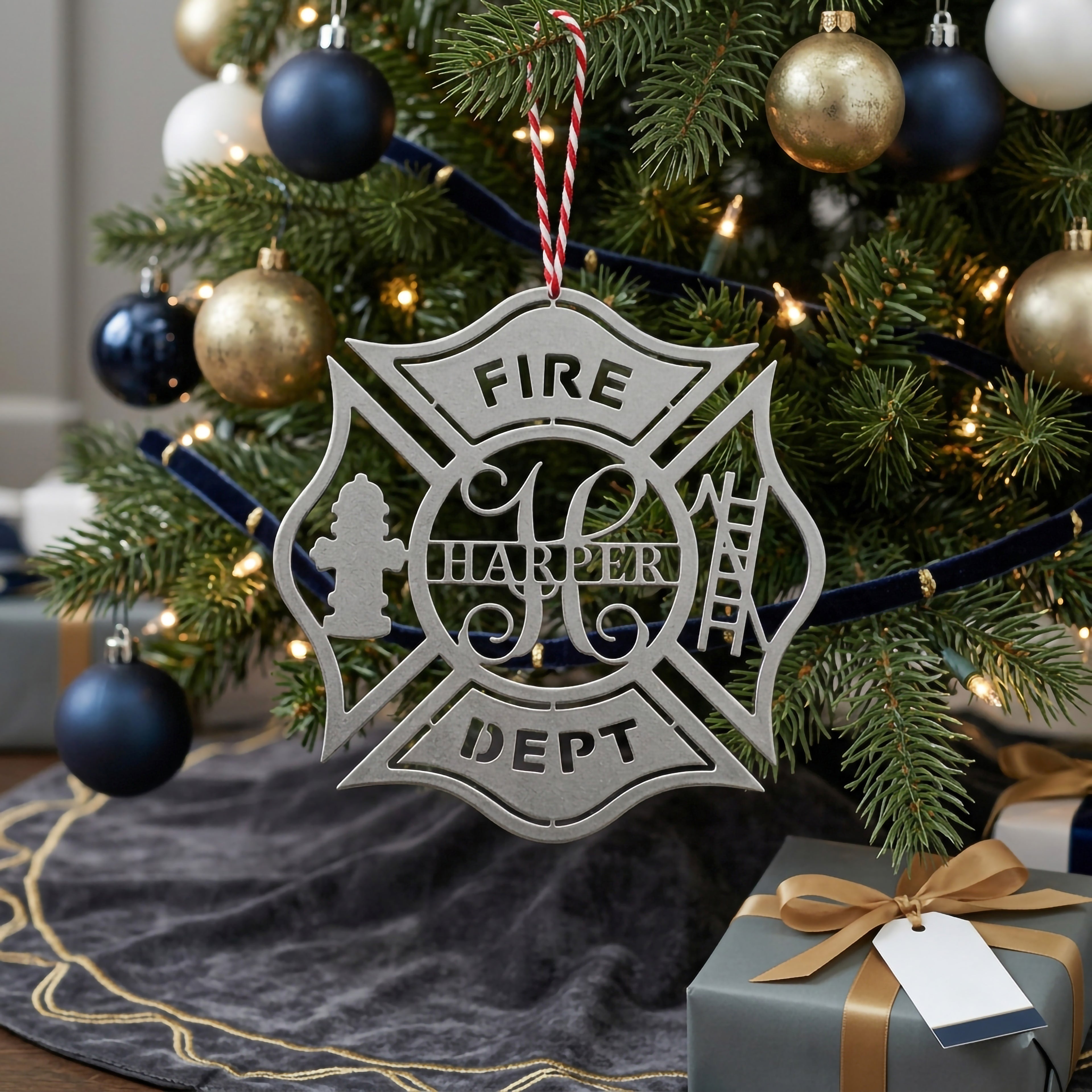 Silver firefighter maltese cross ornament with custom Harper name displayed on Christmas tree with navy ribbon and wrapped presents underneath