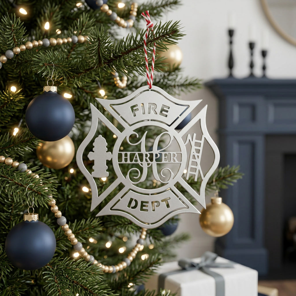 Silver firefighter maltese cross Christmas ornament with custom Harper name hanging on decorated holiday tree with navy and gold ornaments