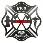 Personalized firefighter Maltese Cross metal sign with Henderson name fire rescue text hydrant axes and medical symbol on white background