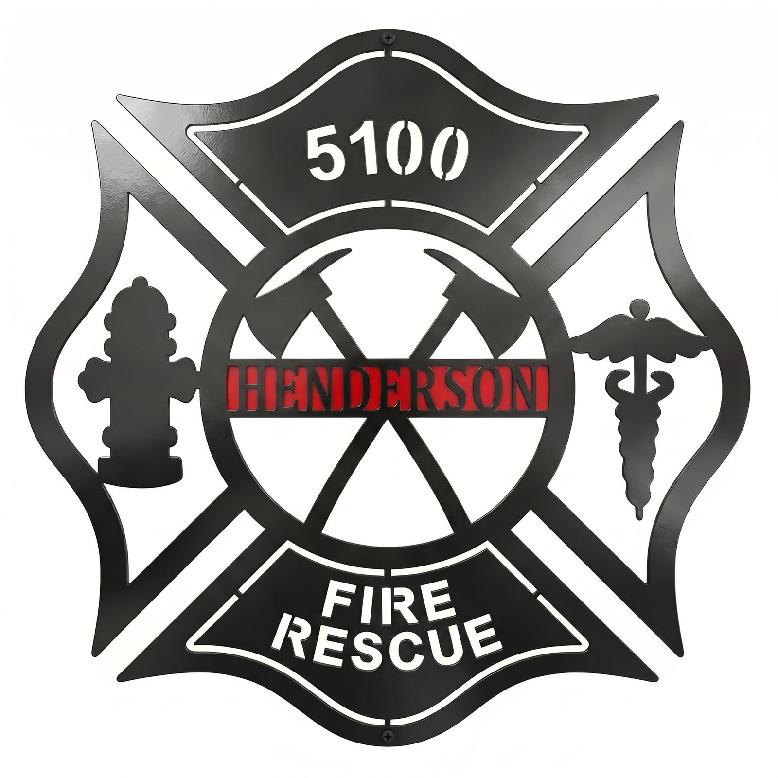 Personalized firefighter Maltese Cross metal sign with Henderson name fire rescue text hydrant axes and medical symbol on white background