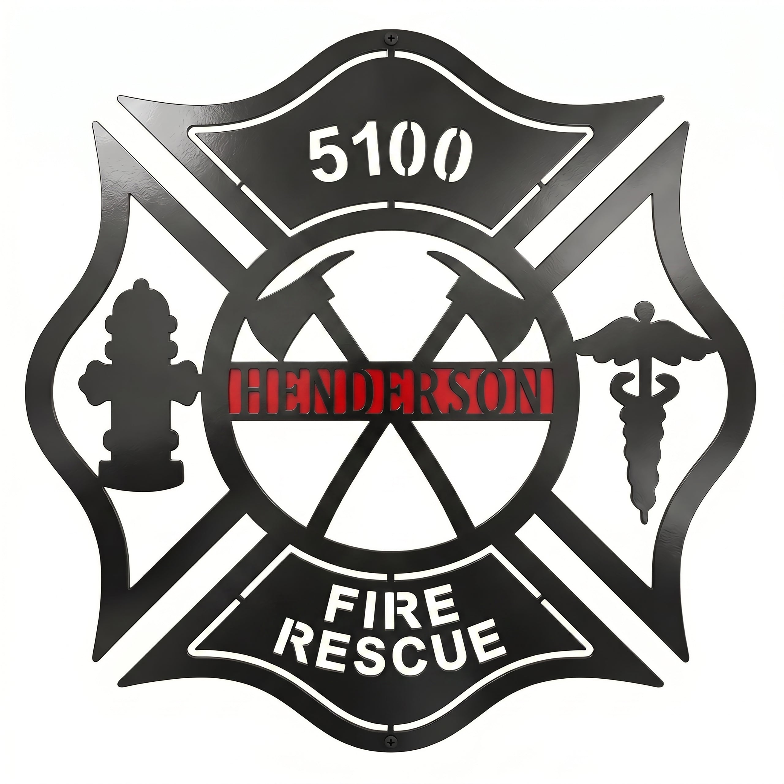 Personalized firefighter Maltese Cross metal sign with Henderson name fire rescue text hydrant axes and medical symbol on white background