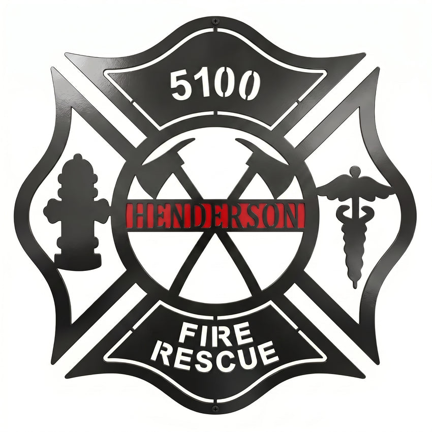 Personalized firefighter Maltese Cross metal sign with Henderson name fire rescue text hydrant axes and medical symbol on white background
